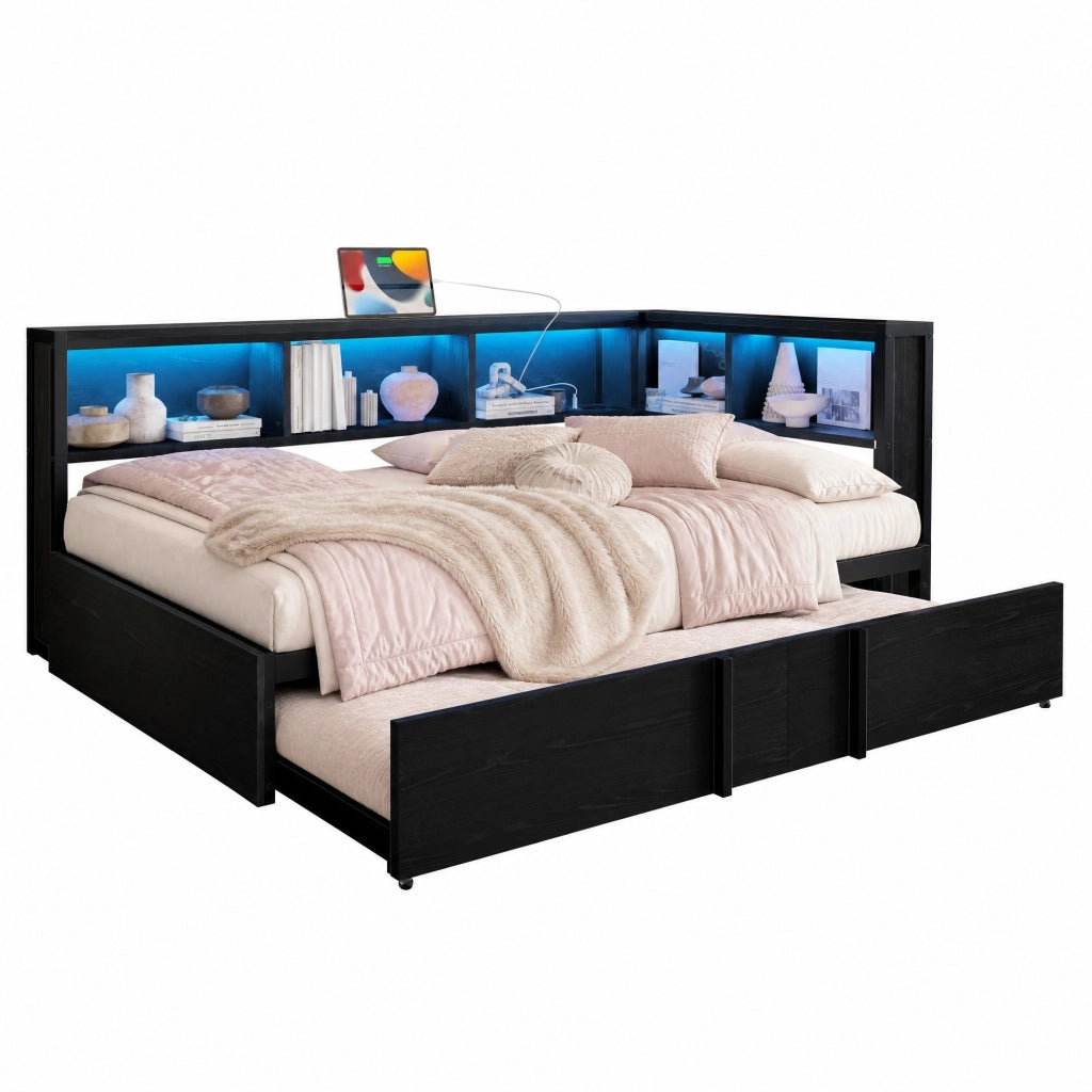 Letto da giorno 90x200 cm con letto estraibile; 5 vani contenitore; LED e USB; metallo e MDF nero