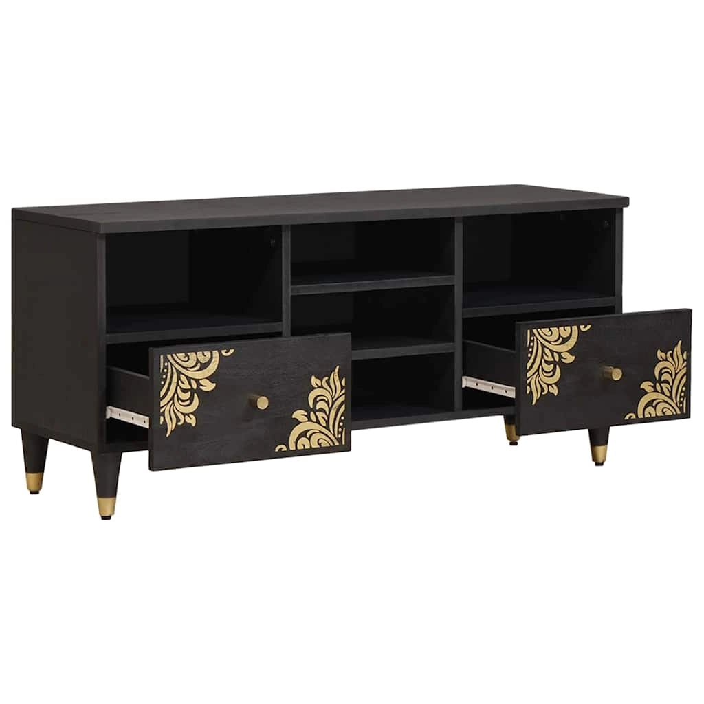 Mobile porta TV moderno dalle linee pulite 100 x 33 x 46 cm pratico contenitore in legno massello di mango nero 02_0057895