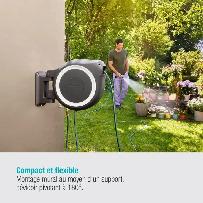 GARDENA Avvolgitubo automatico da parete RollUp M / L 25 m con bordo bianco