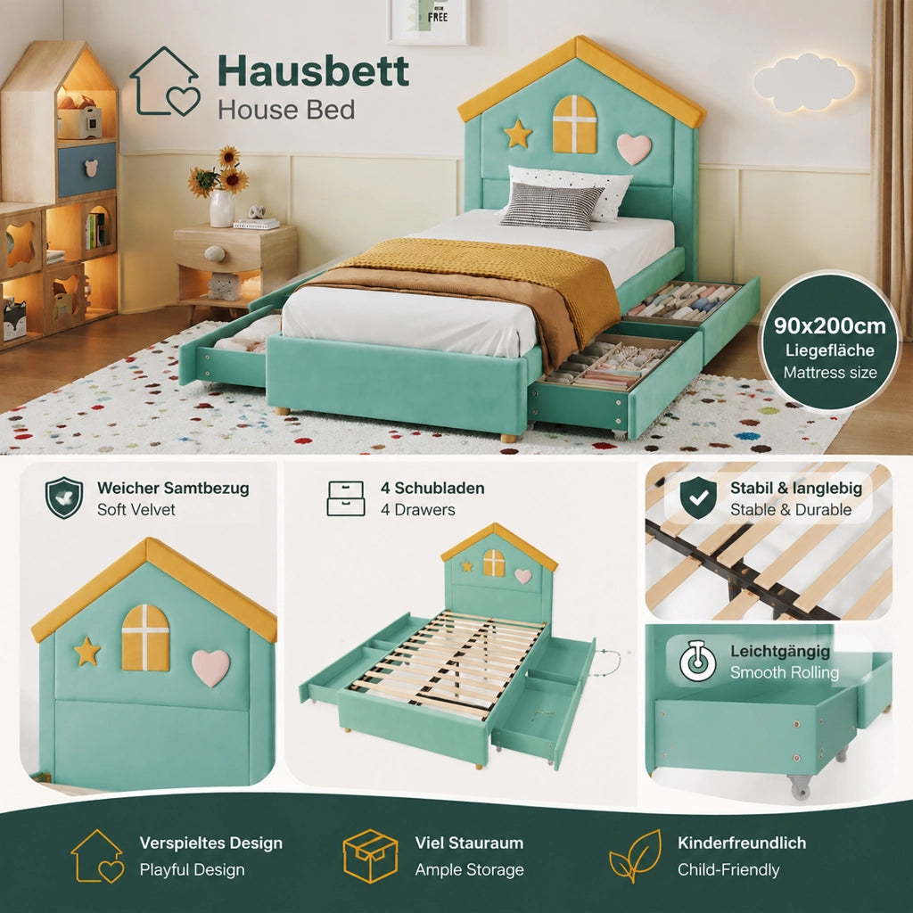 Letto a casetta 90 × 200 cm con 4 cassetti imbottito in velluto francese blu verde con testiera decorata