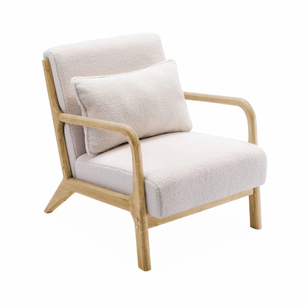 Poltrona scandinava in legno e tessuto bouclé, bianco