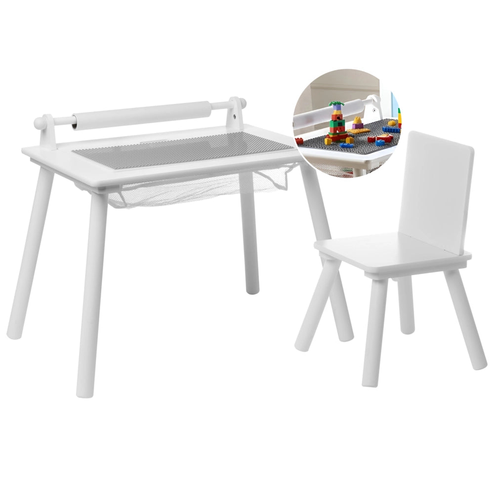 Set tavolo e sedie per bambini in MDF bianco con gambe in legno di pino Rotolo di carta aggiuntivo Copertura Stile scandinavo