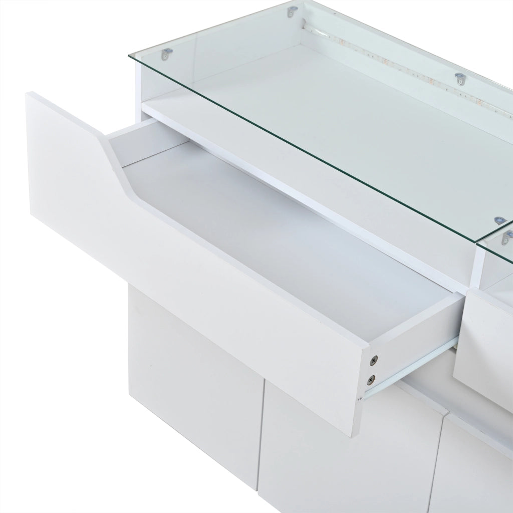 Credenza e madia con piano in vetro temperato, 2 cassetti e 2 ante, per sala da pranzo e soggiorno, bianco, 140 × 40 × 70 cm