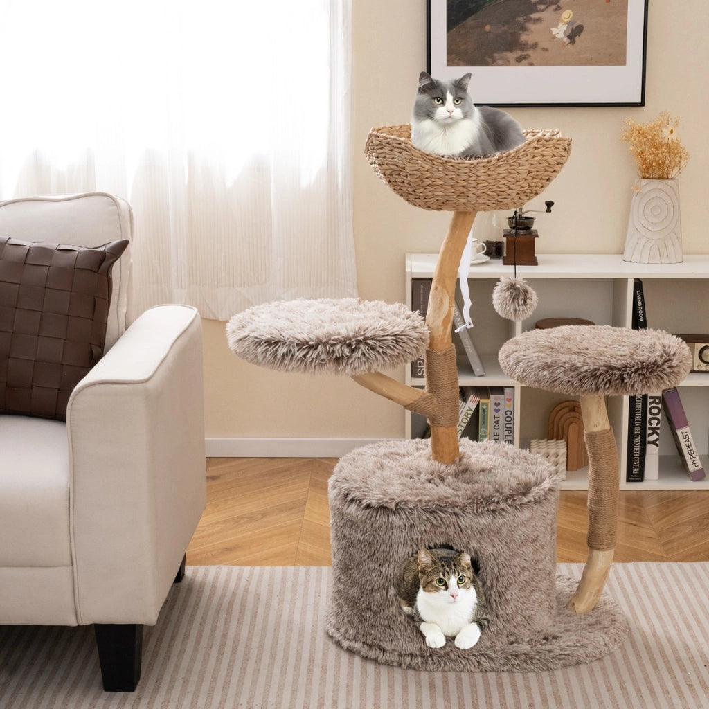 Albero per gatti in legno di pero 105 cm-Torre per gatti con piattaforme e casa pile lungo e pallina pendente Naturale