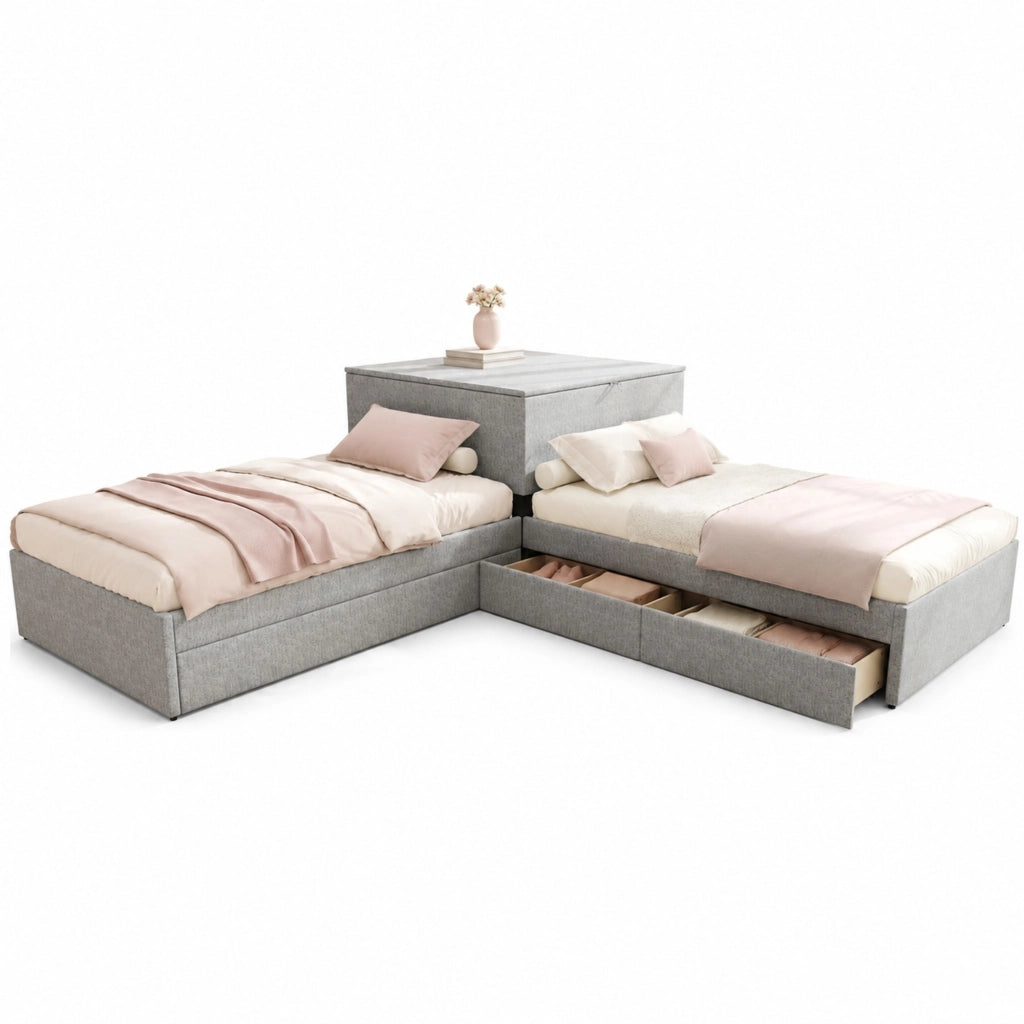 Letto angolare con letto estraibile, letto imbottito con contenitore, lino grigio, 90x200 cm, senza materasso