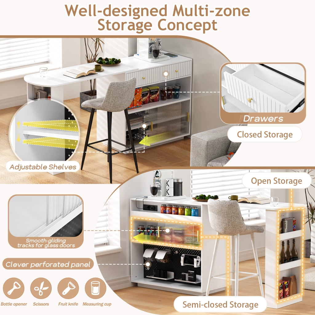 Mobile Bar Estensibile e Girevole con Vani Contenitori; LED e Porte USB e Type C per Cucina; MDF; Bianco; 120 x 50 x 95;5 cm