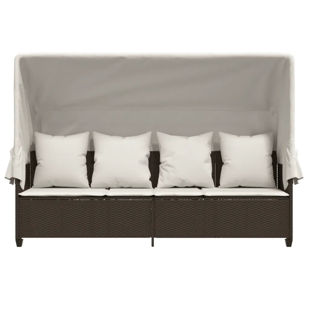 Lettino Prendisole con Baldacchino e Cuscini Marrone Polyrattan 368354