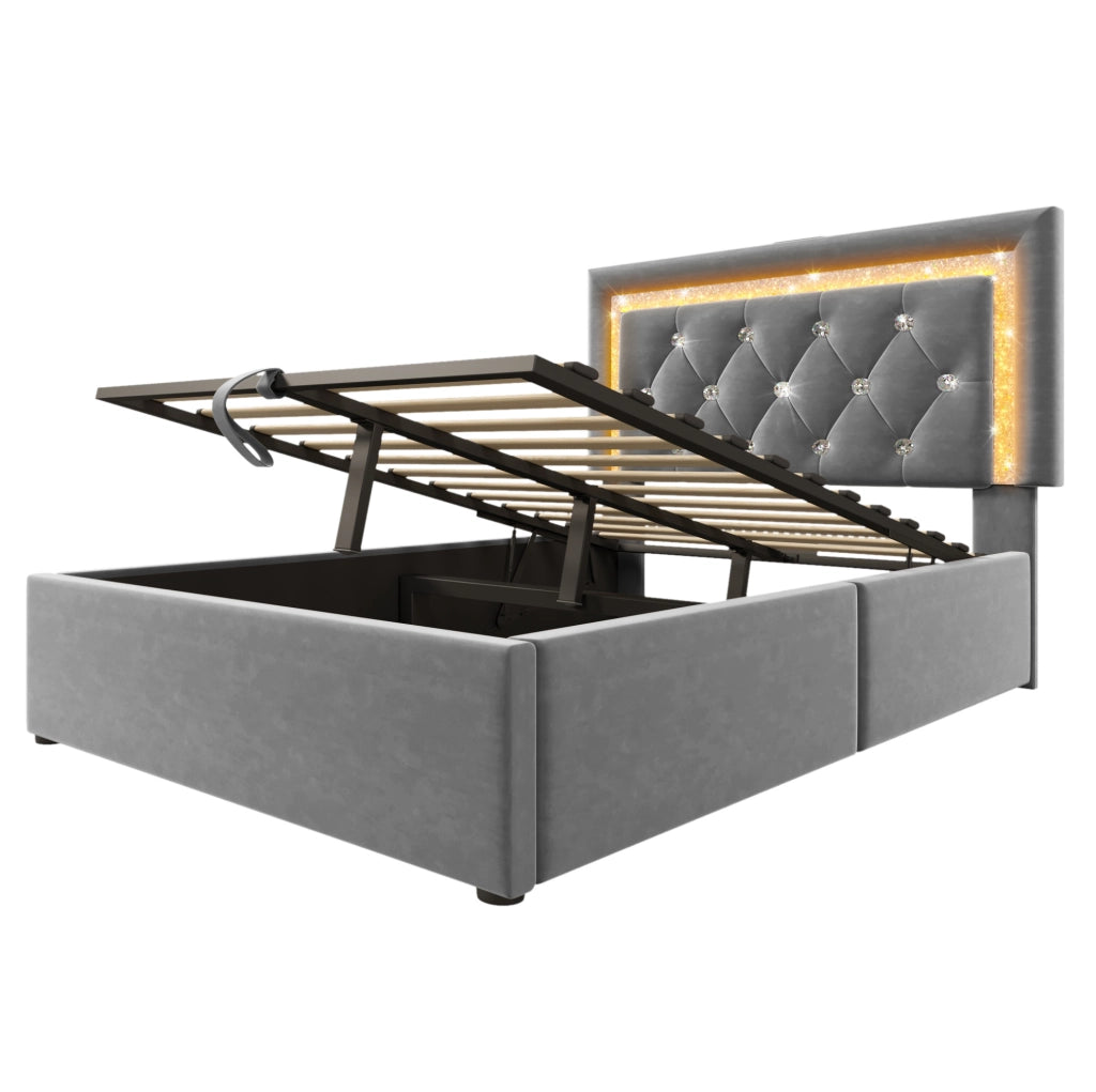 Letto singolo imbottito 90x200 cm con contenitore; LED; USB C e USB; velluto grigio