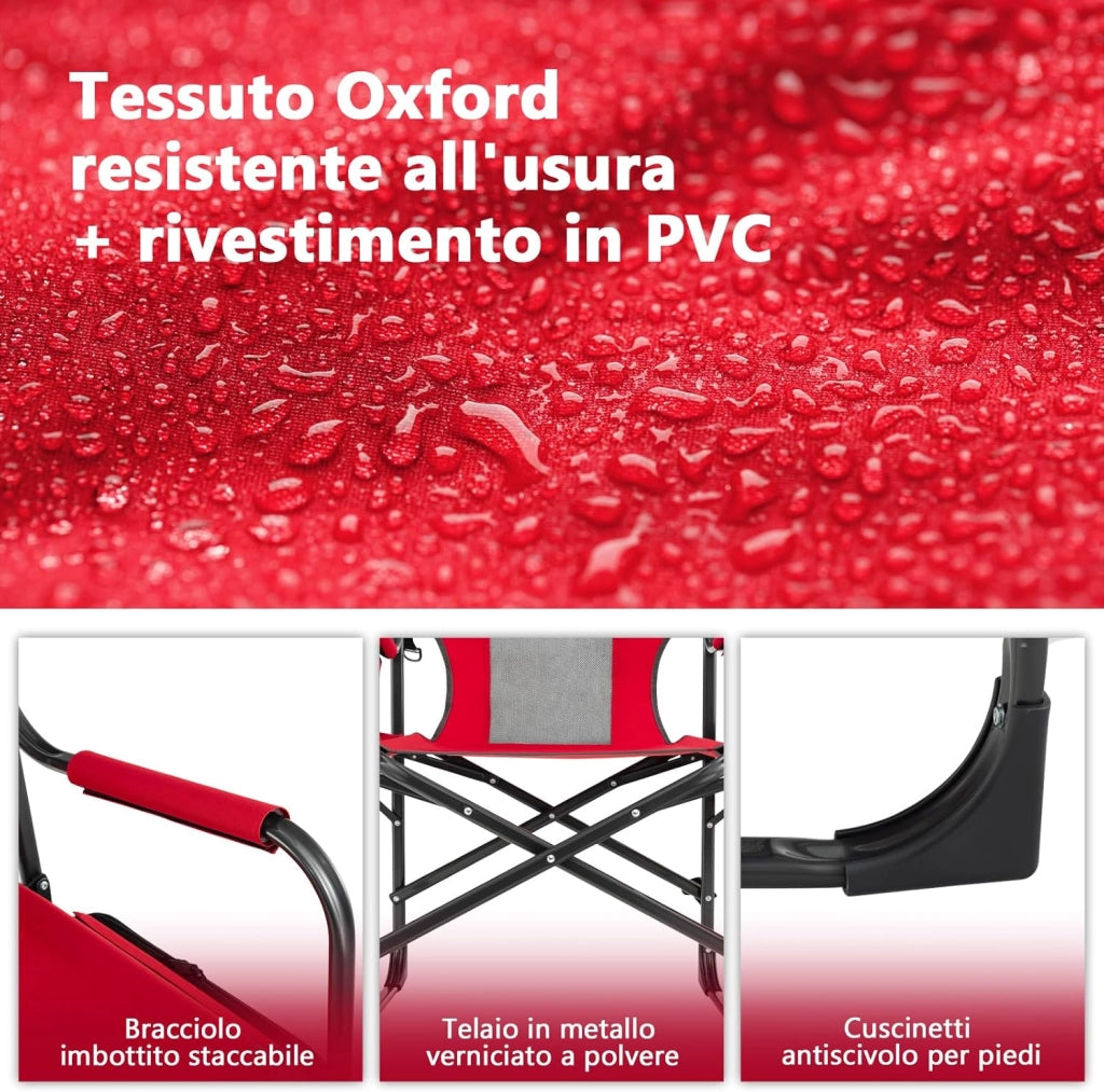 Sedia da Campeggio Pieghevole, Sedia da Regista Robusta con Tavolino, Borsa Frigo, Borsa Portaoggetti e Cinghia, Portata 180 kg, per Campeggio Escursione Pesca Picnic (Rosso)