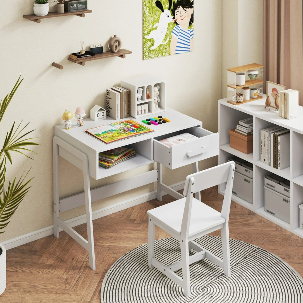 Set scrivania e sedia con cassetto e scomparto, Set di tavoli da studio in legno per bambini Bianco