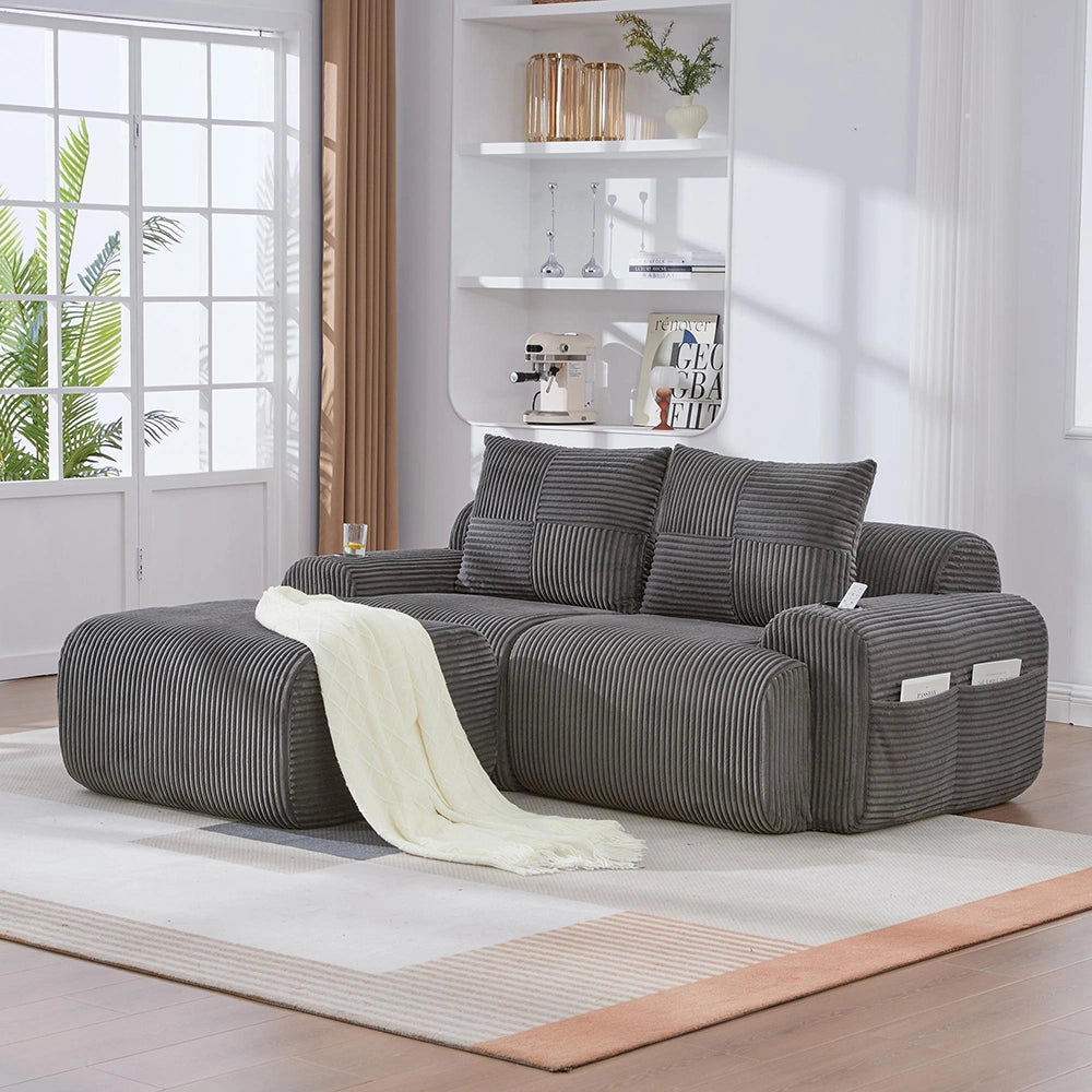 Canap¨¦ modulable in velluto costato per 2 persone - Xylo - Con pouf, porta-bevande e tascone laterale