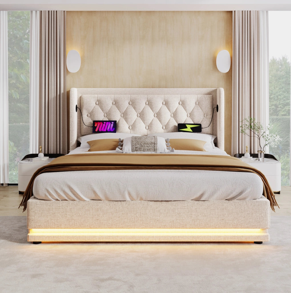 Letto matrimoniale imbottito 160x200 cm in cotone beige con contenitore; USB Type-C e LED