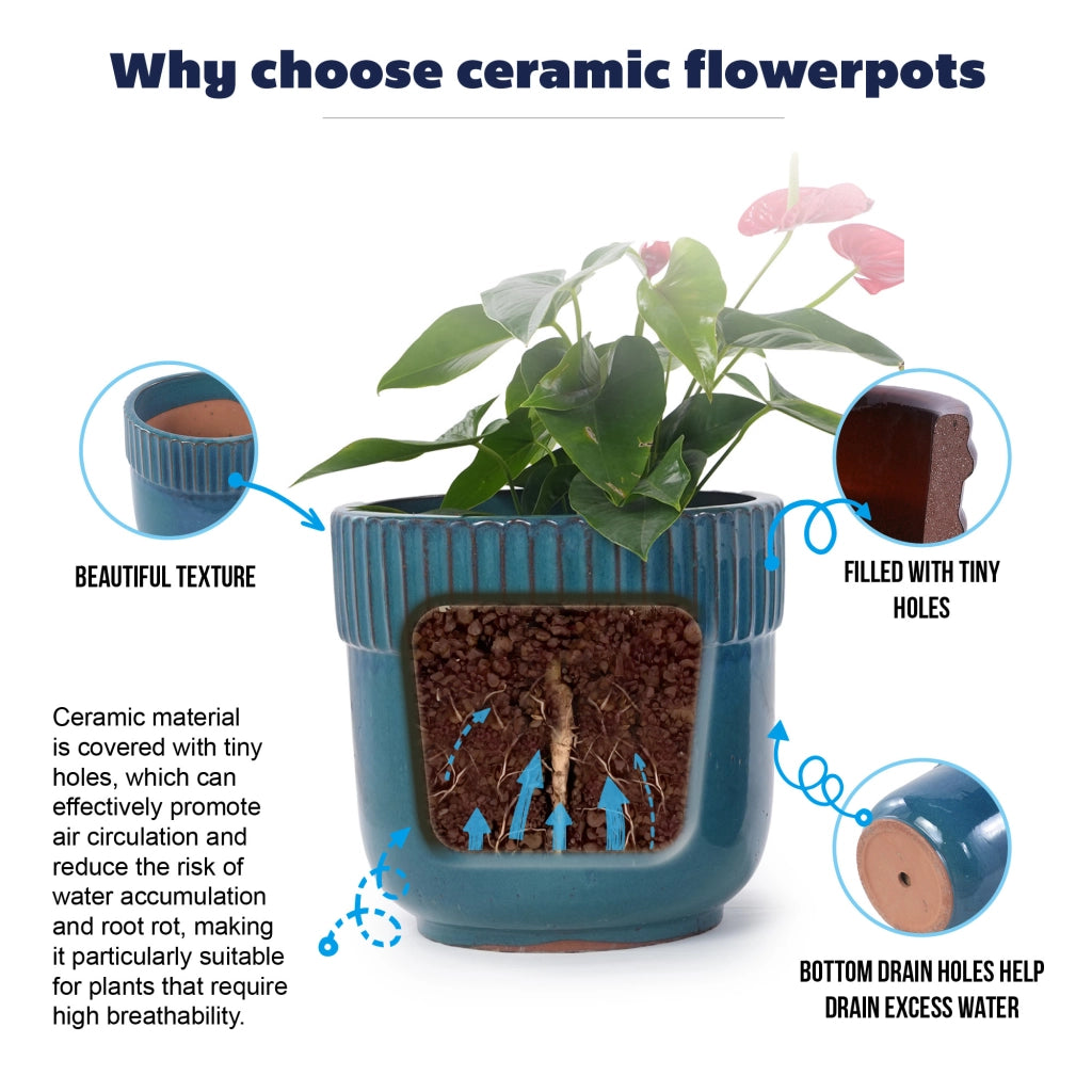 Fioriera in ceramica fatta a mano con drenaggio e finitura lucida turchese Ø 30,5 cm per interni e balcone