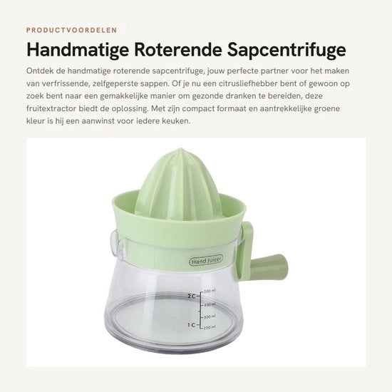 Centrifuga Manuale Rotante per Succo di Frutta - Ideale per Succo Fresco - Verde - Trituratore di Agrumi - Adatto per Arance e Limoni