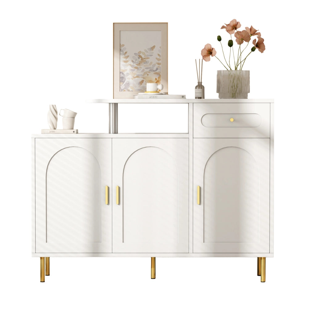 Credenza e madia con 1 cassetto e 3 ante, maniglie in metallo, per soggiorno e ingresso, bianco, 120 × 35 × 92 cm