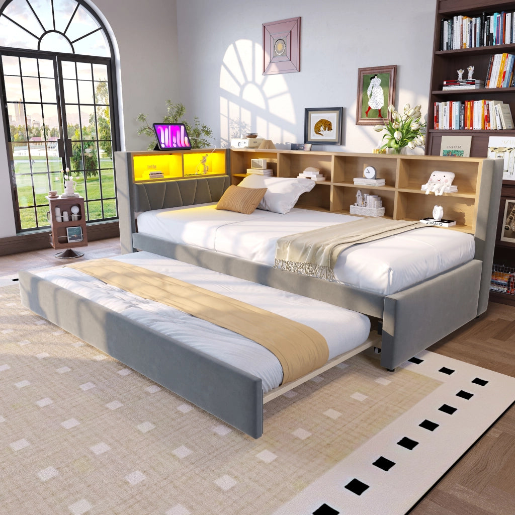 OKWISH Letto Divano 90×200 cm, Letto Singolo con Letto Estraibile 90×190 cm, LED, USB e Tipo C, senza Materasso, Flanella, Grigio Scuro