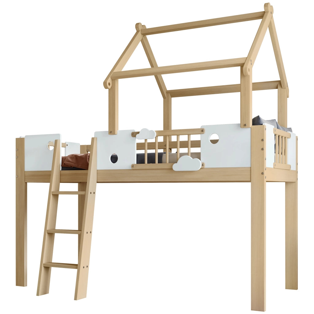 Letto a Soppalco per Bambini con Rete di Protezione ¨C MINIMAL ¨C Pino e Multistrato, Bianco, 90x200