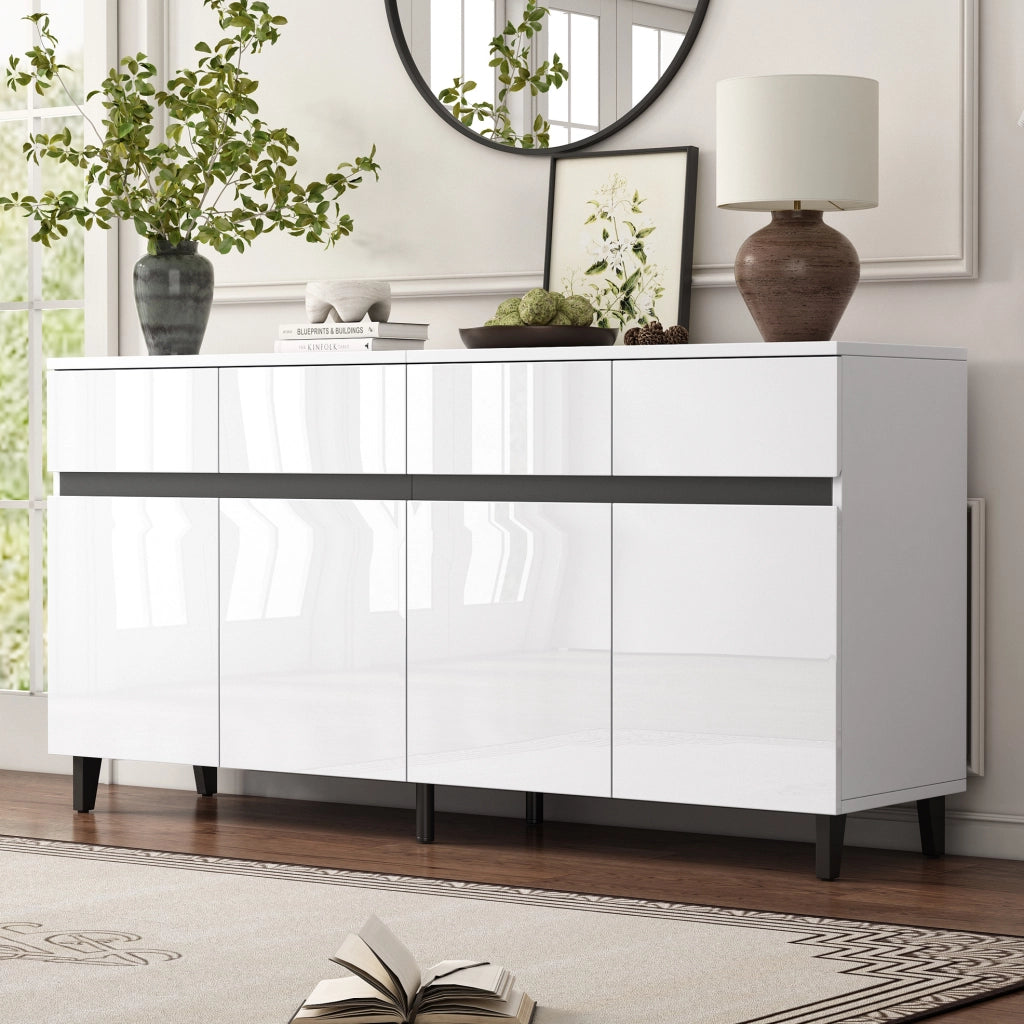 Credenza bianca lucida 160 cm con 4 cassetti e ripiani regolabili