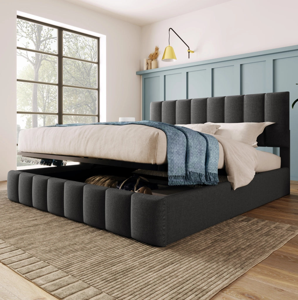 Letto matrimoniale imbottito 140x200 cm con contenitore, grigio