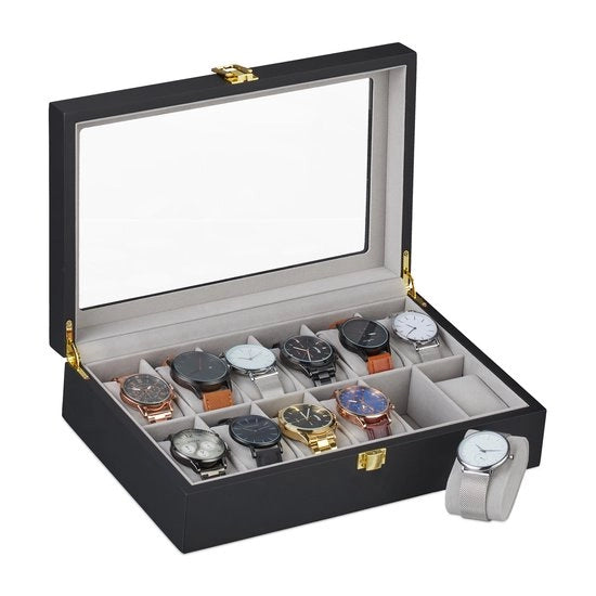 Scatola orologeria per 12 orologi - velluto - 8,5 x 31,5 x 21 cm - scatola decorativa - nero-grigio