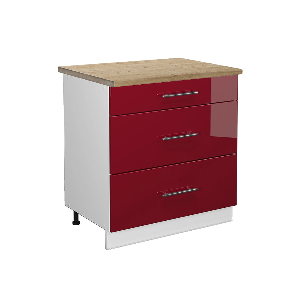 Mobiletto base per cucina Fame-Line Bordeaux lucido/Bianco 80 cm con 3 cassetti, PL Rovere Vicco