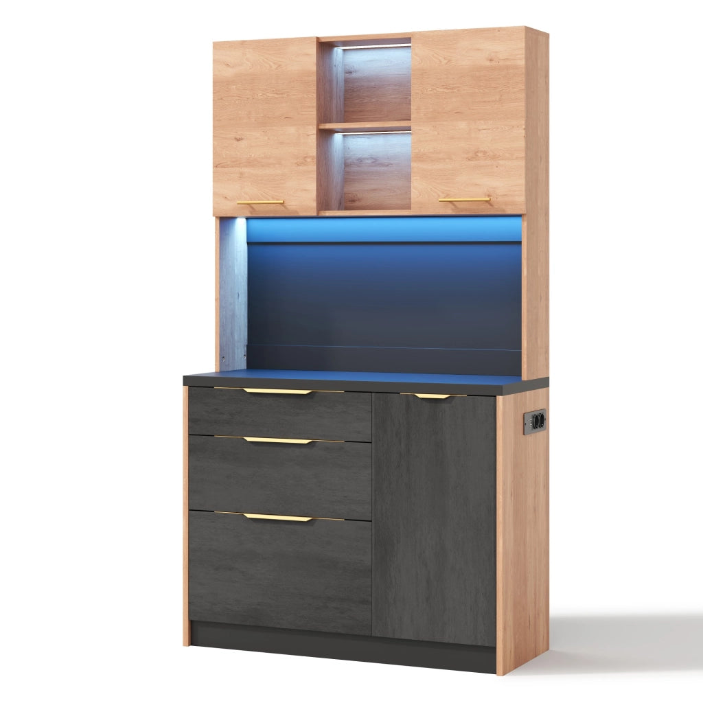 Credenza alta da cucina 100x40x180 cm in MDF, finitura moderna, piano nero, LED regolabile e presa EU