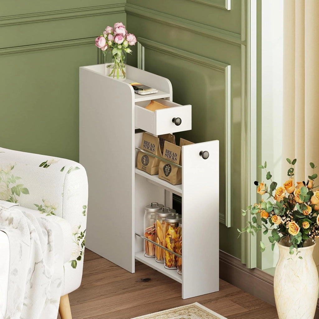 Armadietto da Bagno Stretto, Mobile Salvaspazio da Terra con 2 Ruote e 2 Cassetti Estraibili, Carrello Portaoggetti in Legno per Cucina e Lavanderia, 40 x 18 x 70 cm