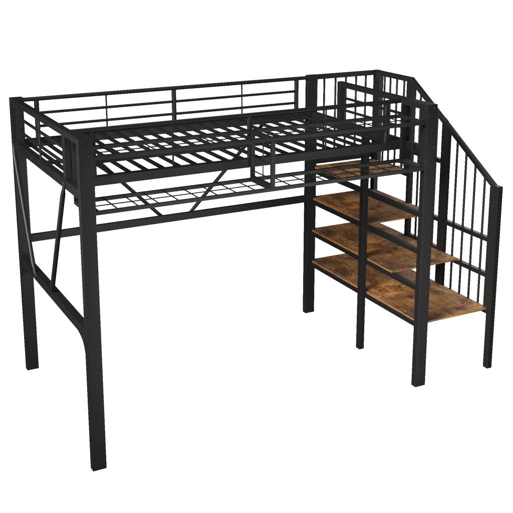 Letto a Soppalco 90x200 cm, Singolo - LED Regolabile, Ripiani - in Metallo e MDF, Nero