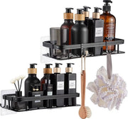 Pannello di doccia senza fori, 2 manici di doccia, supporto per doccia, griglia per doccia in alluminio inox, organizzatore di doccia con 4 superfici adesive e 5 ganci, supporto per shampoo per doccia, nero