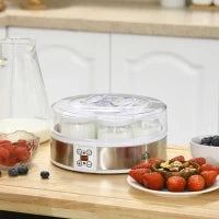 Yogurtiera 20W da 1.5L con 7 Vasetti e Display a Pulsanti, in Acciaio Inox e Plastica, 24x24x13 cm, Bianca