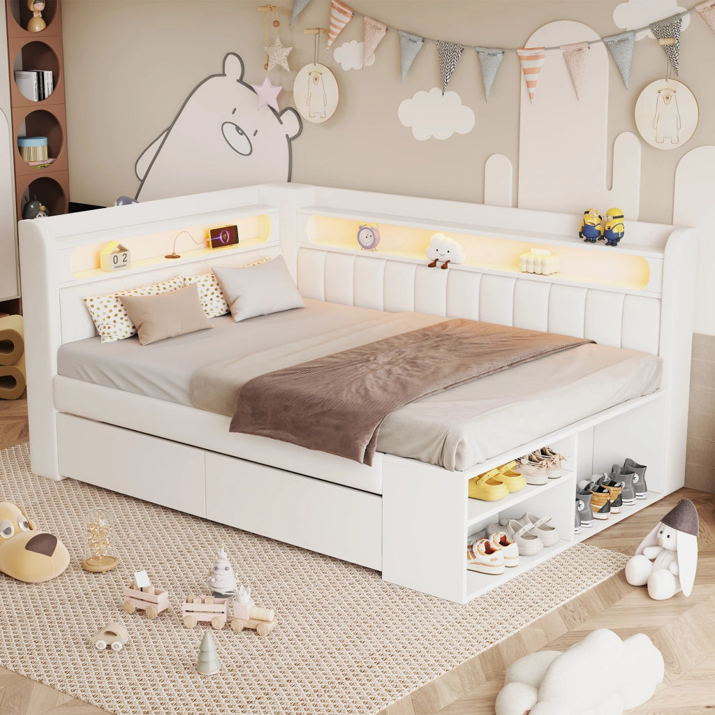 LETTO imbottito 90x200 cm bianco con USB, LED, scarpiera e 2 cassetti