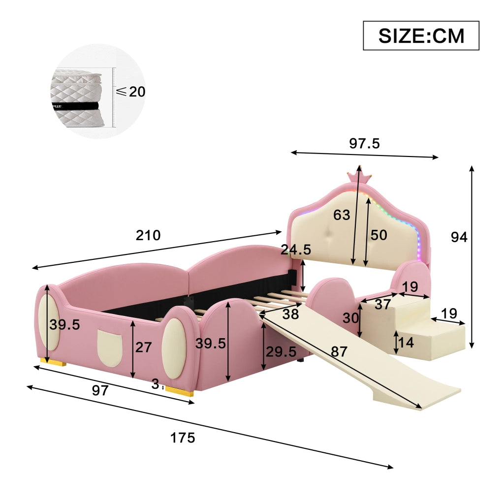 OKWISH Letto Bambini 90×200 cm, Letto Singolo con LED Multimode, Scivolo e Scala, senza Materasso, in PU, Rosa