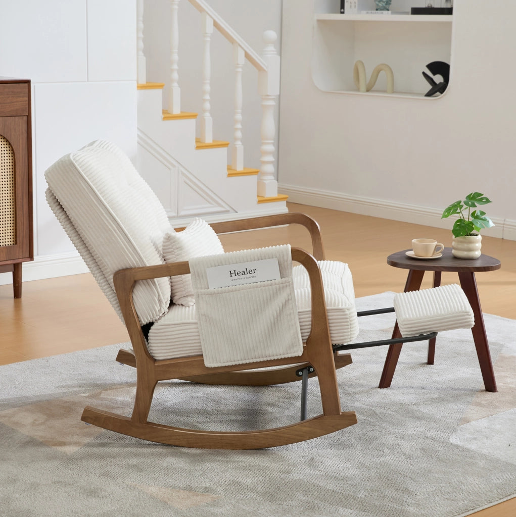 Sedia a dondolo 70x80x92 cm con poggiapiedi e tasca laterale; legno e corduroy beige