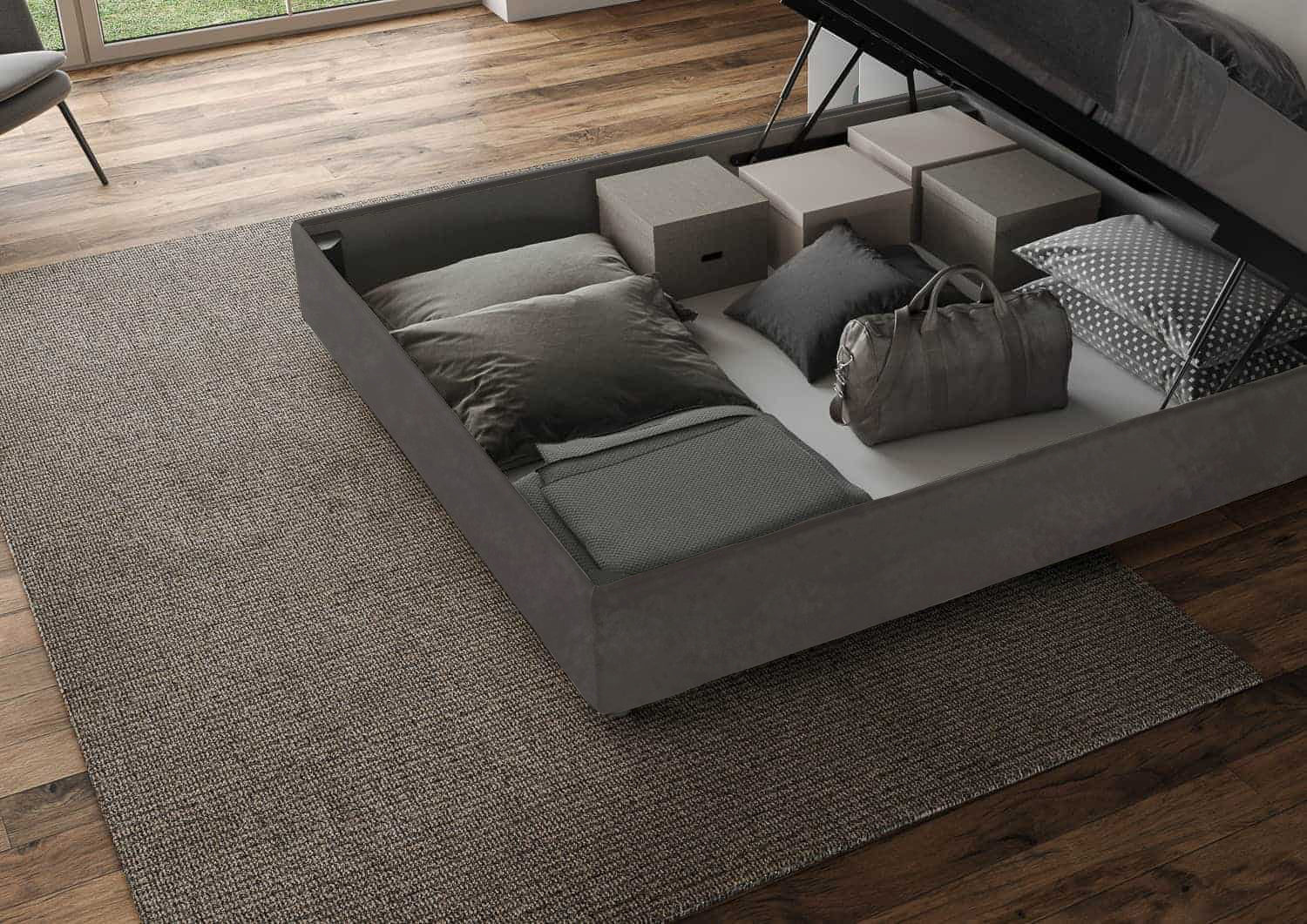 Letto Matrimoniale King Size 200x210 cm con Rete e Contenitore Imbottito in Microfibra Agueda Grigio