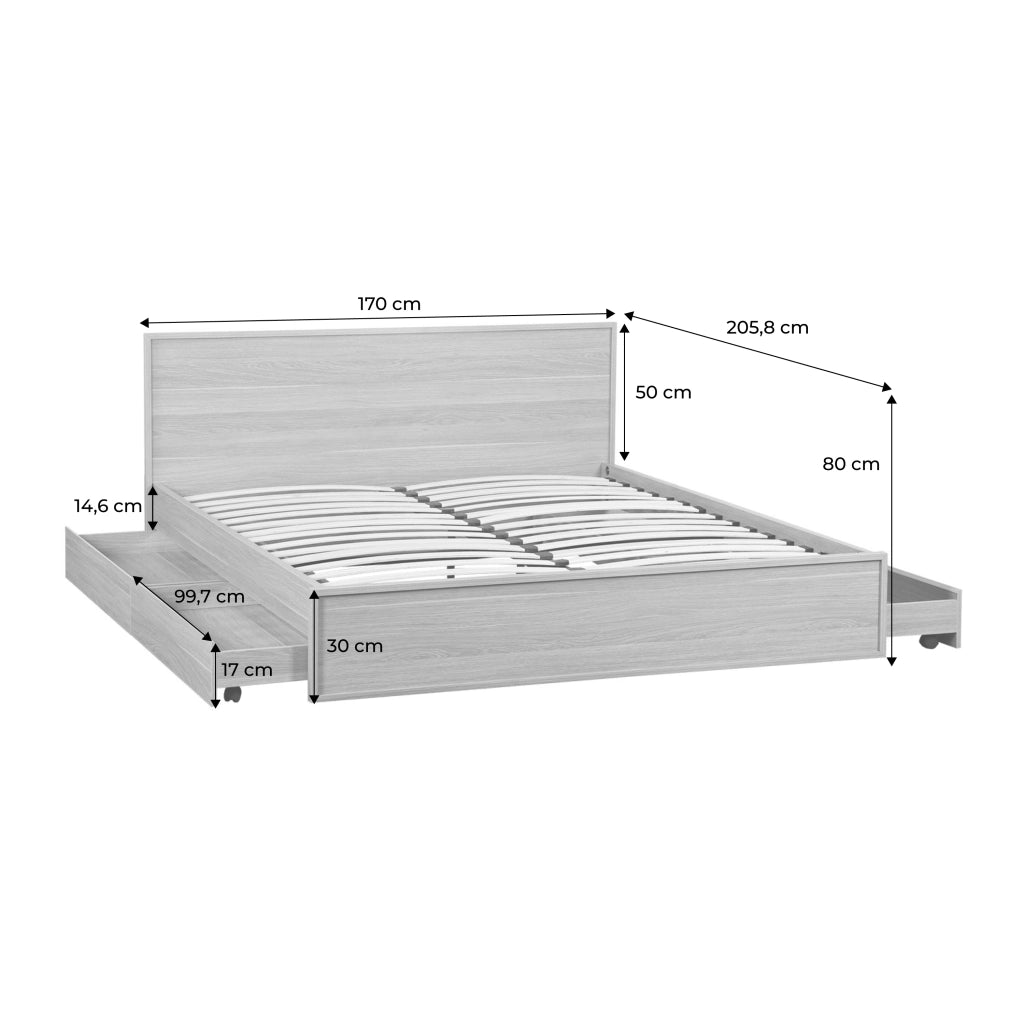 Letto con rete a doghe e testiera 160x200cm + 4 cassetti, marrone