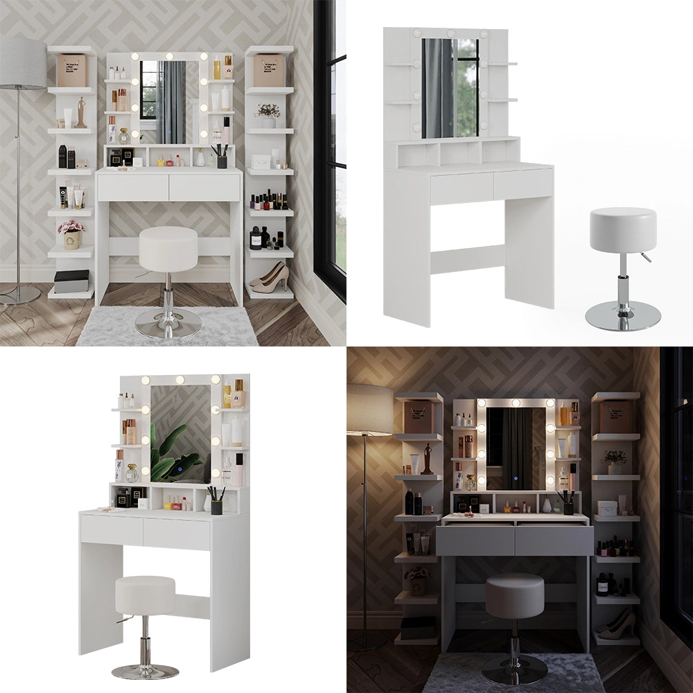 Vicco Tavolo da toeletta Bianco 80 cm con illuminazione LED e sgabello