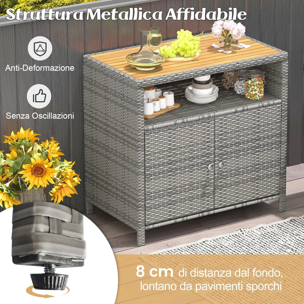 Armadietto Portaoggetti in Rattan, Mobile Buffet per Esterni in Legno di Acacia, con Compartimento Aperto e Armadio Chiuso a 2 Ante, per Piscina, Terrazza e Patio, 90 x 53 x 86 cm (Grigio)