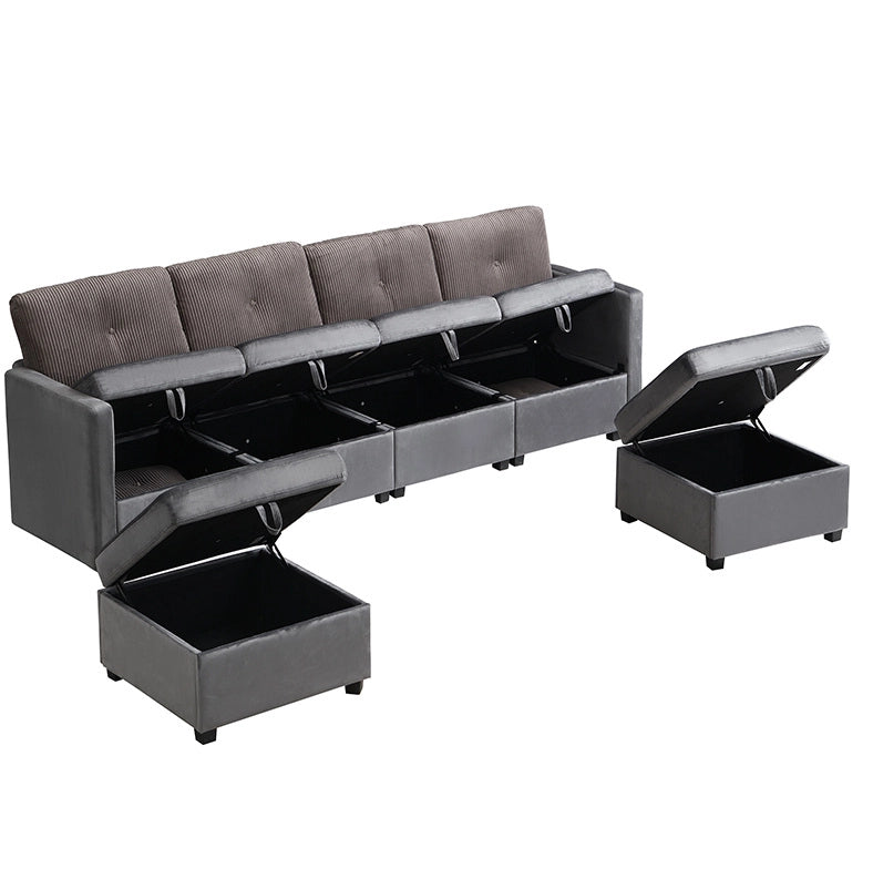 Divano modulare a U 6 posti con contenitore, velluto e corduroy grigio antico