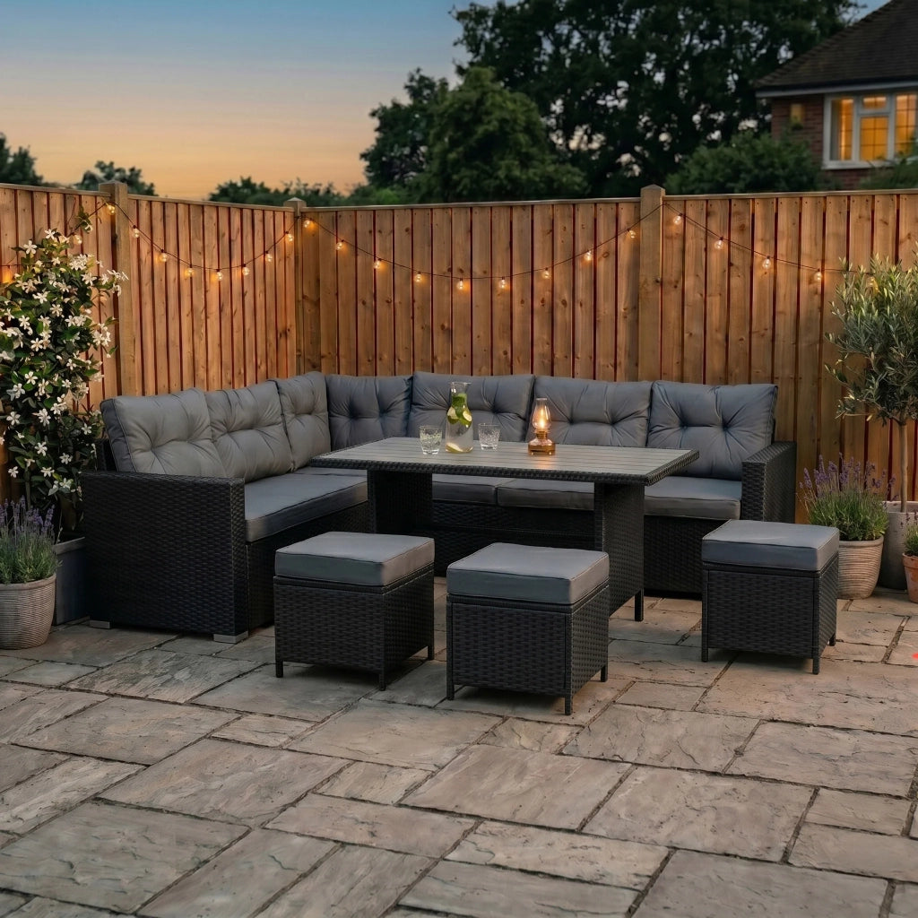 Set Angolare Rattan Giardino 9 Posti Nero Tavolo Cuscini Impermeabili