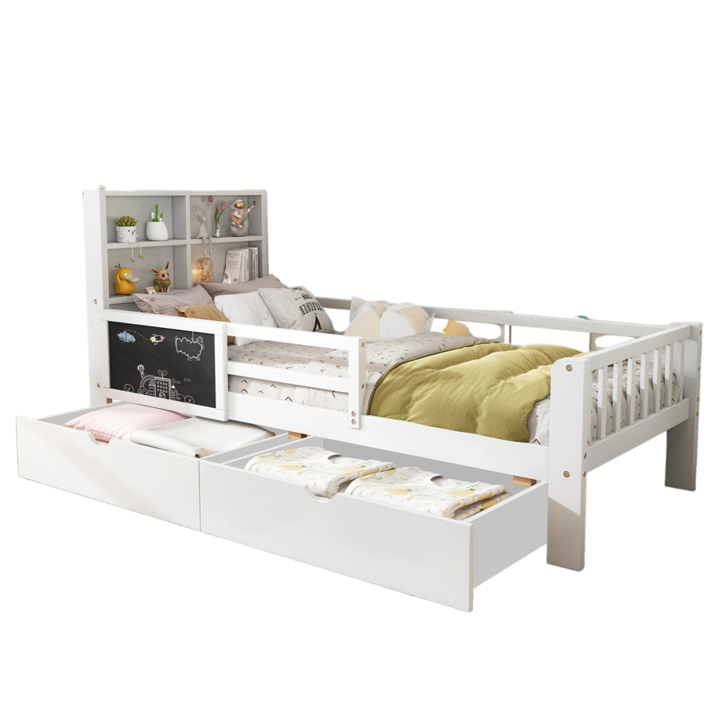 Letto per bambini 90x200 cm in legno massello e MDF; bianco; con lavagna e 2 cassetti