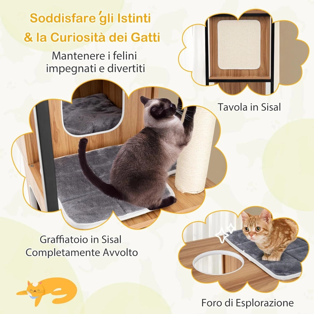 Tiragraffi per Gatti con Struttura in Metallo 75 x 45 x 133cm, Torre Moderno da Interno con Piattaforma Superiore Imbottita, Cuscini Rimovibili e Tiragraffi, Mobile per Animali Domestici
