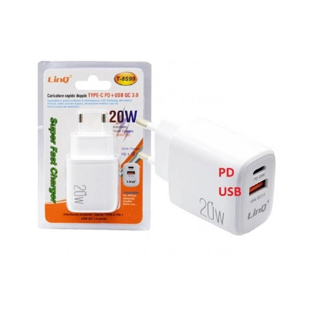 Trade Shop - Caricatore Rapido Doppio Type C Pd + Usb Qc 3.0 Super Fast Charger 20w T-8s99 -