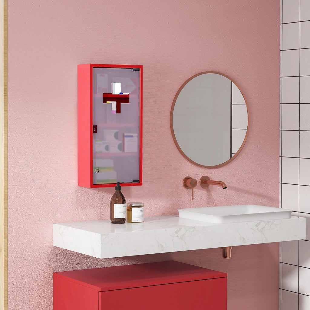 ARMADIO MEDICINALI 30x12x60 cm Rosso in acciaio e vetro satinato con serratura