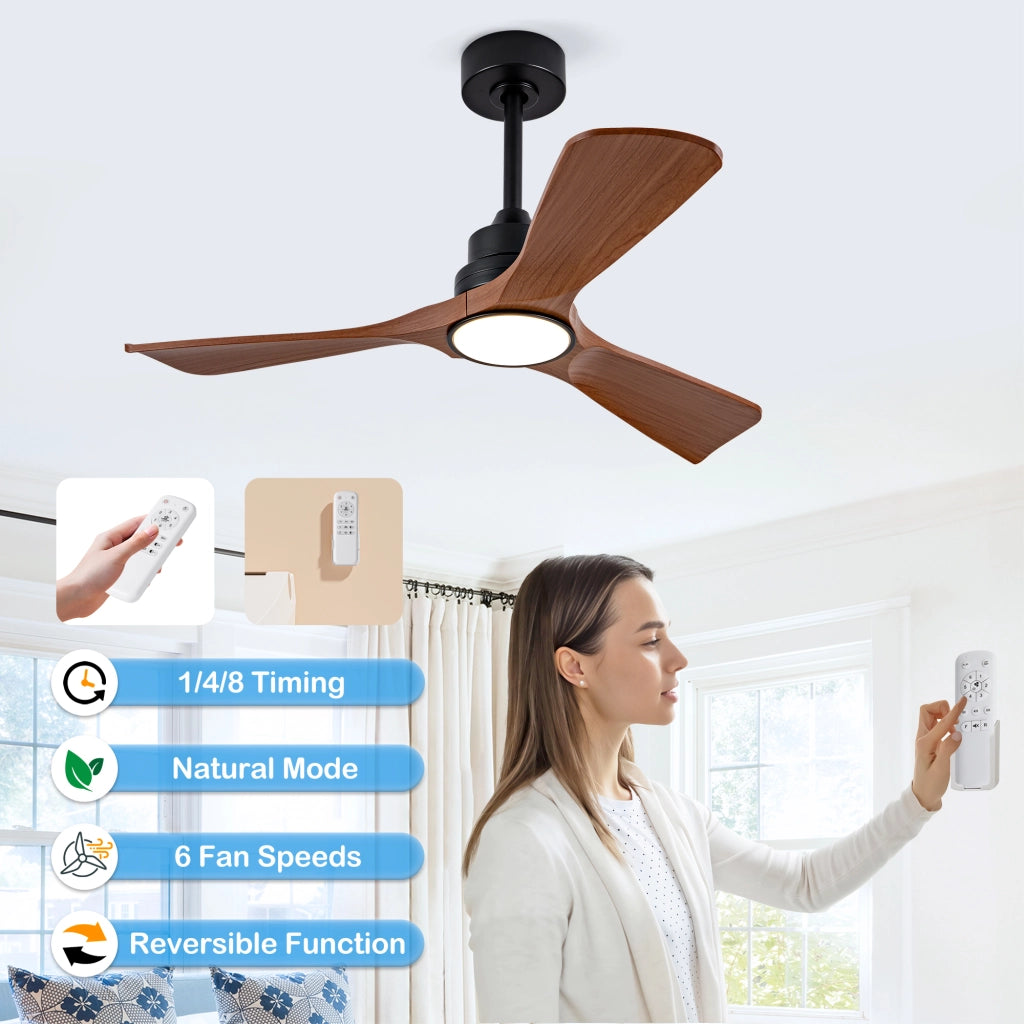 Ventilatore da soffitto 42 pollici con luce e telecomando, dimmerabile, design moderno color noce, motore DC silenzioso, per terrazze e uffici