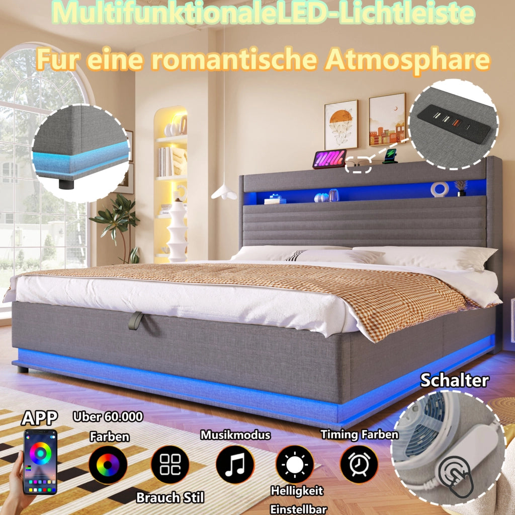 Letto imbottito contenitore 180x200 cm con LED e ricarica integrata