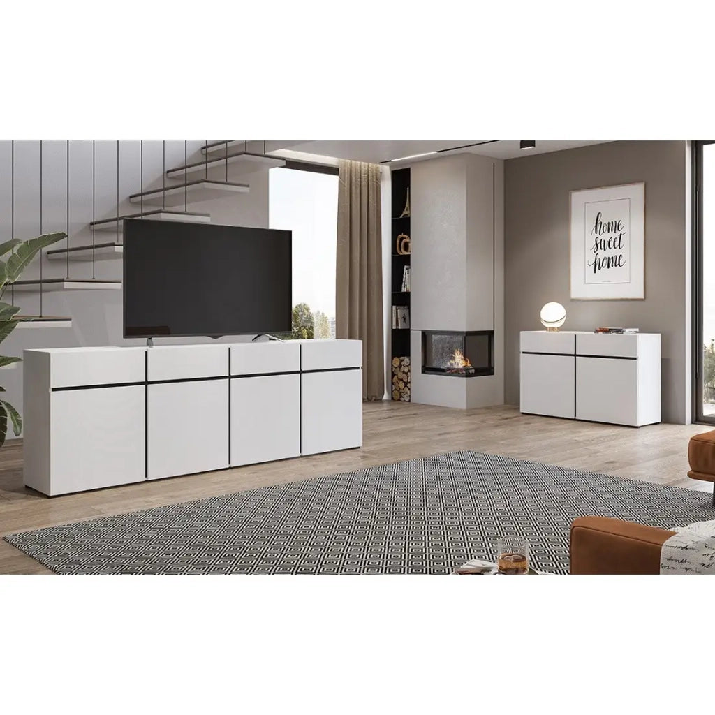 Buffet XL colori bianco e nero 225cm collezione HAVANA. Credenza design con 4 porte e 4 cassetti.