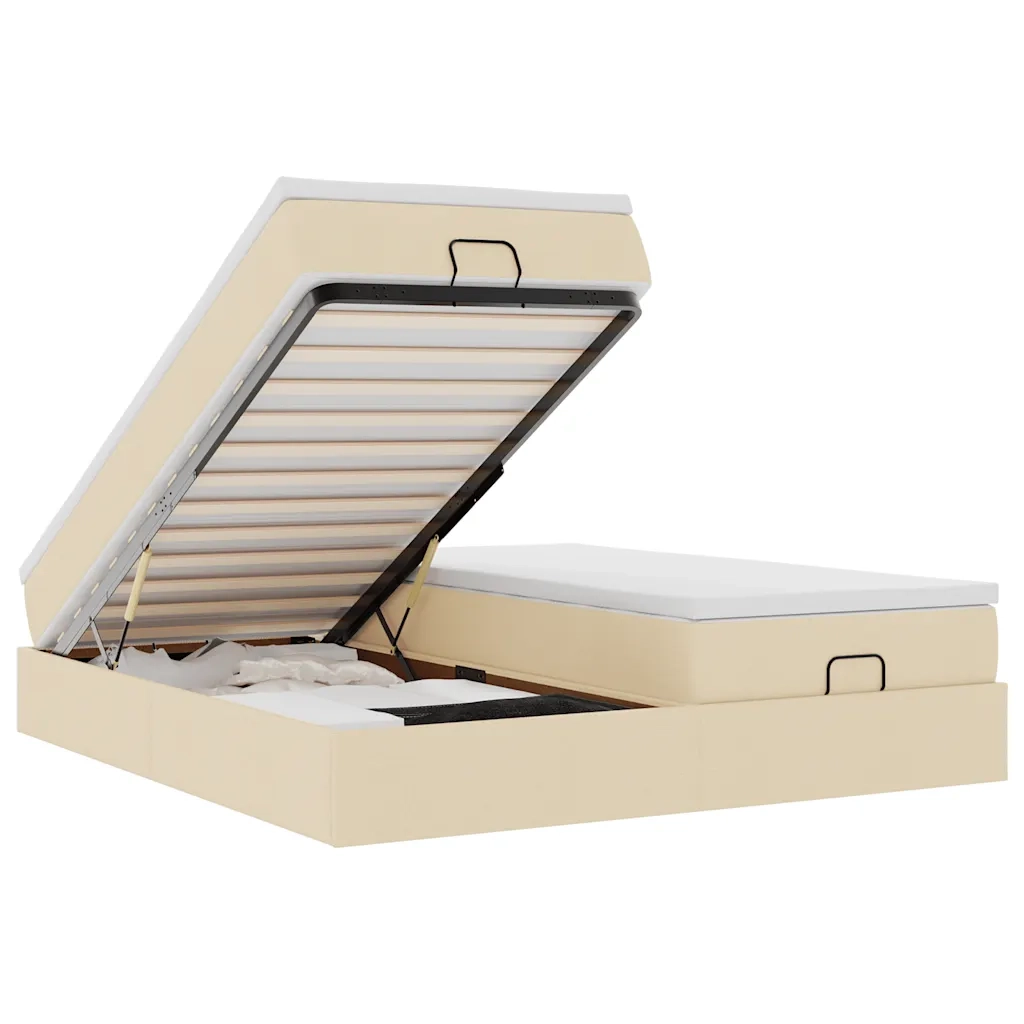 Struttura Letto Pouf con Materassi Crema 200x200 cm in Tessuto