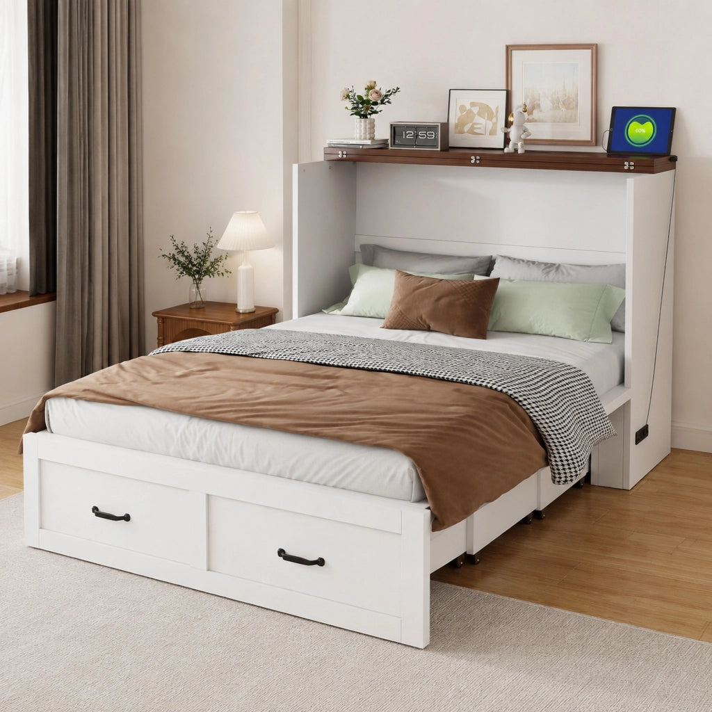 Letto a scomparsa pieghevole 140x200 cm in legno e metallo; bianco; con presa elettrica