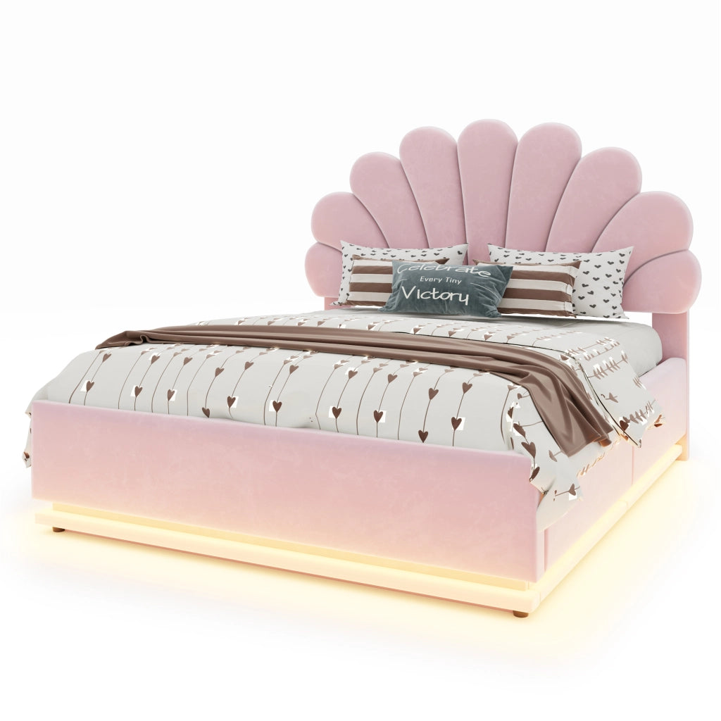 Letto contenitore matrimoniale 140×200 cm con testiera imbottita; LED e rete sollevabile; senza materasso; rosa