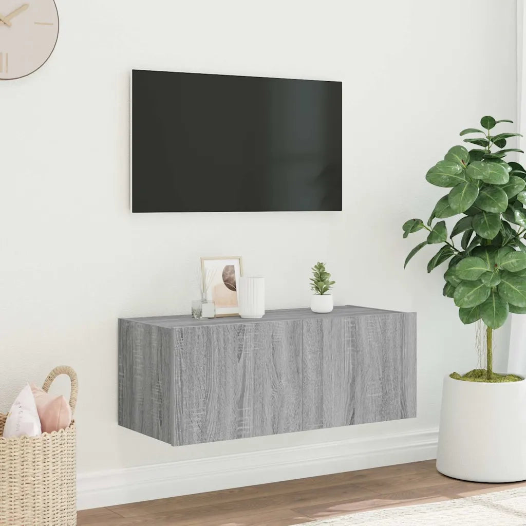 Mobile TV a Parete con Luci LED Grigio Sonoma 80x35x31 cm